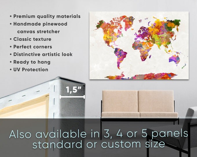 Large world map canvas wall art set of 3 or 5 panels Extra Large Wall Art World Map Watercolor World Map Large world Map canvas Home Decor