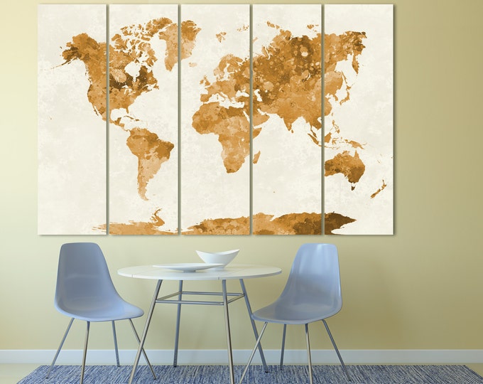 Large Vintage Watercolor World Map Poster Print, Grunge World Map / 1 - 5 Panels on Canvas Wall Art for Home & Office Decoration