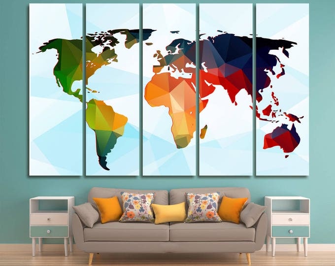 Large Colorful World Map Panels Poster, Polygonal Map, Abstract Wall Art canvas 1,3,4 or 5 Panels on Canvas Wall Art for Home & Office Decor