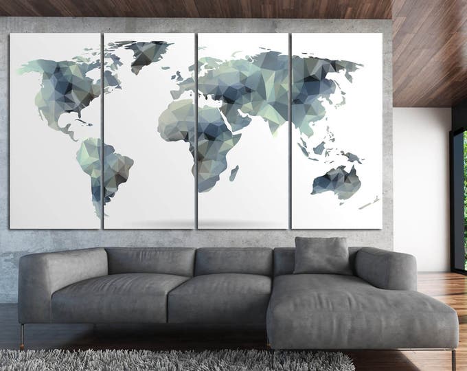 Large Gray Abstract World Map, Gray world map Abstract Wall Art, Gray Geometric Map of 3 or 5 Panels on Canvas Wall Art for Home Decoration