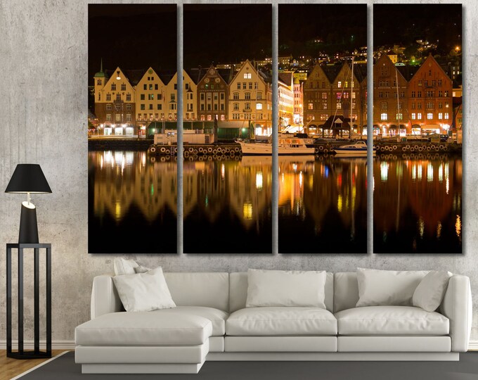 Large Bergen Norvay night harbor wall art, European Cityscape multipanel canvas, European architecture print, night harbor canvas wall art