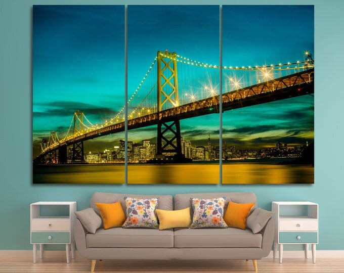 Extra Large Golden Gate bridge night lights canvas wall art, Golden Gate art canvas print, San francisco art, california wall art