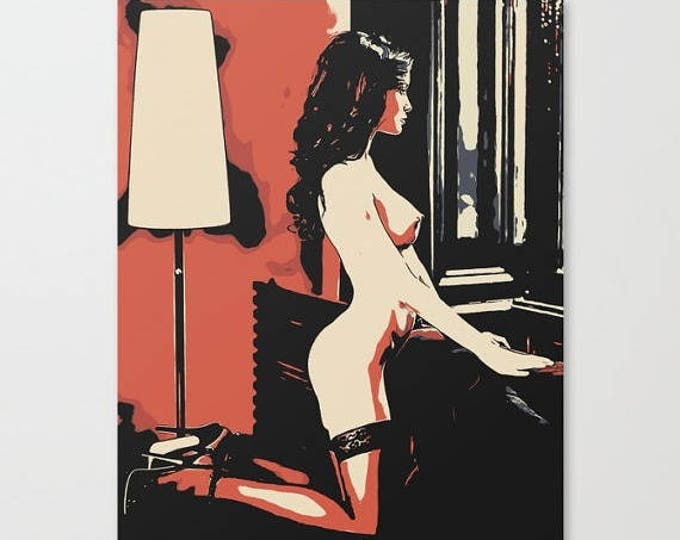 Erotic Art Canvas Print - Waiting for her lover, unique, sexy conte style drawing, perfect shapes girl sketch, sensual high quality artwork