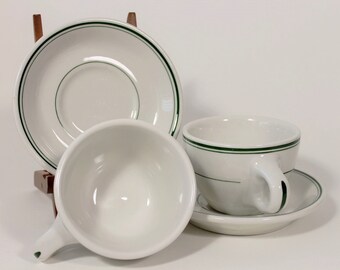 Sterling China East Liverpool Ohio USA Restaurant Ware White with Green Cup and Saucer, 1950s Vintage