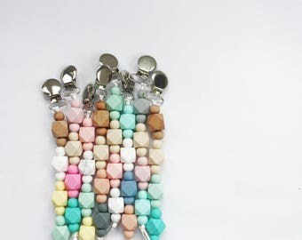 Silicone & Wood HEXA Pacifier Baby Teether Holder Clip - Mordedor - Chupetero - Schnullerkette - Attache tétine - Portaciuccio - Dummy chain