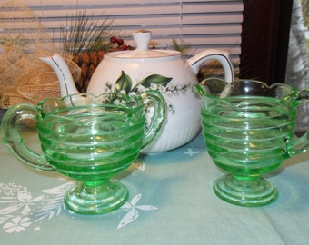 Vintage Madrid Green Glass Cream and Sugar Set