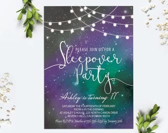 Sleepover Invitation Digital Printable String Lights Galaxy Invite Pajama Party Invitation Girl Slumber Birthday Invitation Starry Sky Night