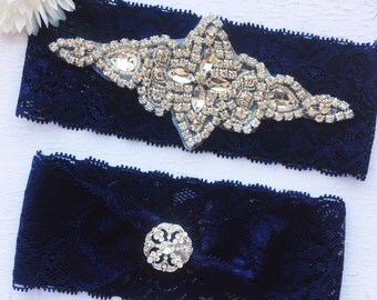 Something Blue Garter Set NO SLIP grip vintage rhinestones Wedding Garter