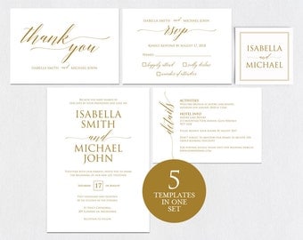 Gold Wedding Invitation Template, Wedding invitation template, Wedding Invite, Kraft wedding Invitation, pdf instant download, WPC_439