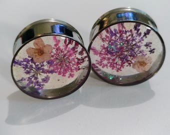 Real Flower Plugs BrightT PINK and PURPLE with Glitter HANDMADE Guages 0g (8mm) to 2" (51mm) single flare or double flare sold in pairs
