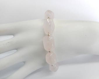 Quartz Bracelet, Chuncky Bracelet, Sterling Bracelet, Vintage Bracelet, Sterling Silver Chunky Rose Quartz Bracelet 8.5" #1691