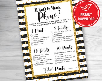 Whats In Your Phone Bridal Shower Game Card - Bridal Shower Activity - Gold Glitter - Gold Confetti - INSTANT DOWNLOAD Printable Card