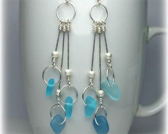 Sterling Silver Drop Earrings Blue Sea Glass Earrings Turquoise Earrings Sea Glass Jewelry Dangle Earrings Beach Jewelry Gift For Wife Gift
