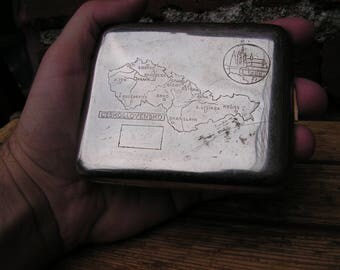 Czech Metal engraved cigarette case, Vintage Cigarette case from Czechoslovakia, Silver tone metal holder, Tobacco holder, Gift for smoker