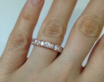 Rose Gold Eternity Band, Engagement Ring, Round Shape Stones and Baguettes Ring, Diamond Simulant Ring, .925 Sterling Silver