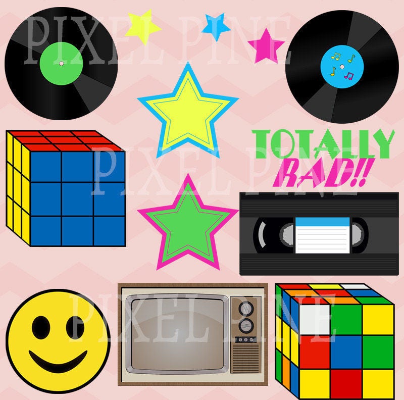 Eighties Clipart Set, 30 PNGs, 5 1980s Disco Digital Paper JPGs ...