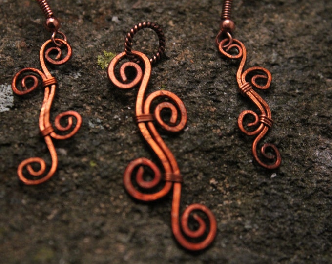 Hammered Copper Spiral Swirl Pendant Necklace with Matching Earring Set, Fire Red Patina, Handmade One of a Kind, OOAK Jewelry, Gift for Her