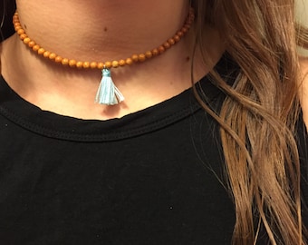 Amber Beaded Choker with Sky Blue Tassel