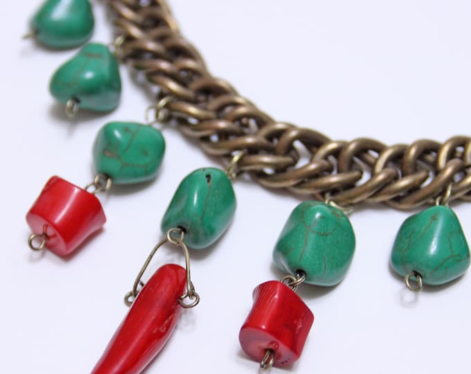 Vintage necklace, Multicolor gemstone beaded necklace, Bronze jewelry, Red and green necklace.