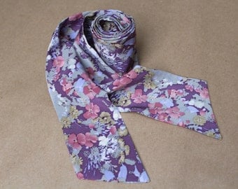 Silk scarf vintage.Shawl Retro.Unisex Scarf.Mens Scarf.Woman Scarf.Vintage Retro.Pink purple gray.Silk Scarf for Men.Long Scarf.Flower Scarf