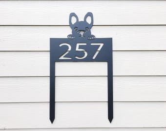 Dog House Number Sign - French Bulldog - Metal House Number Sign