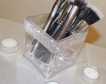 Rhinestone Rim Vanity Makeup Brush Holder Rhinestone Floral Vase