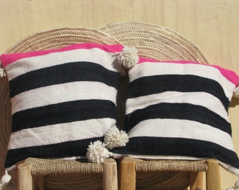 2 pillow cases,pom pom moroccan pillow,throw pillow,kilim pillow,decorative pillow,black stripes berber pillow,cushion cover,moroccan decor