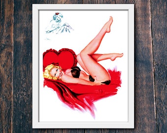 Blonde Pinup Print, Printable Valentine Decor, Digital Download Large Poster, Retro Pinup Wall Art, Valentine Gift, Instant Download (#4874)