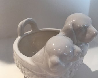 White Ceramic Wicker Basket With Two Puppies-Small White Planter