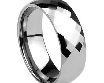 Inside Engraving Personalized 8MM Tungsten Wedding Band Ring Multi Faceted High Polish Dome Ring - ZTUR102