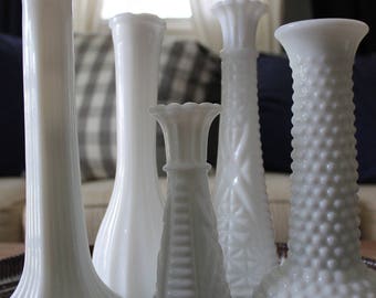 Vintage Milk Glass Vases, Set of 5 vases Wedding Centerpiece/ Bridal Shower