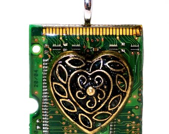 Bronze Heart Circuit Board Necklace, computer jewelry, wearable tech, tech fashion, geek gift, recycled jewelry, eco friendly