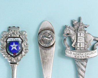 Vintage Collectible Souvenir spoons lot of 3, USA cities, Dallas Texas, Nantucket Island and Boston Mass, PetesNeatOldStuff, gift under 25CA