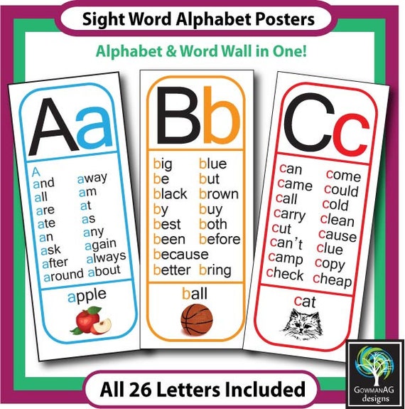 Sight Word Alphabet Posters All 26 letters phonics word