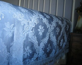 Beautiful Vintage 1930's 1940's Silk Soft Blue Damask Bedspread Bedcover Coverlet with Fringe ~ Double - Queen