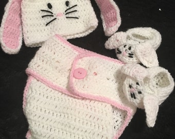 Bunny diaper cover, hat and booties set