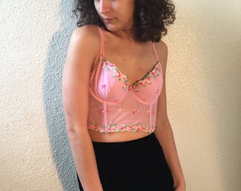 Vintage Cotton Candy Pink Bustier with Floral Embroidery Detail