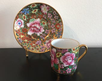 Vintage, Tea Cup And Saucer, Mille Fleur Design, Oriental Decor,Chinese Porcelain, Espresso Cup, Hand Painted, Gold Metallic, Floral Tea Cup