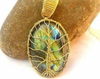 Tree-of-life pendant Brass gemstone pendant Labradorite Pendant Mother day gift-for-mom birthday gift-for-husband gift-for wife