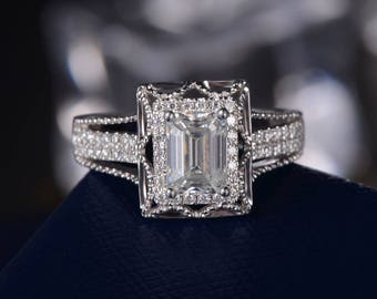 Art Deco Antique Engagement Ring Forever One Moissanite White Gold Retro Unique Bridal Set Emerald Cut Split Shank Promise Anniversary Ring