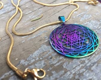 Rainbow Sri Yantra Pendant, Stainless Steel, 18k Gold Plated Chain, Sacred Geometry Pendant, Sri Yantra Necklace