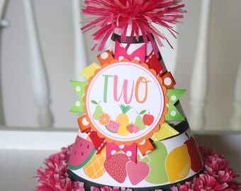 Tutti Fruity Birthday Party Hat - Two-ti Fruitti Birthday - Girl Second Birthday - Black and White Stripes - Two-ti Fruity Birthday Outfit
