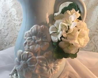 Pfaltzgraff Alexa Pitcher - Vase - Light Blue with White Flowers - 9"