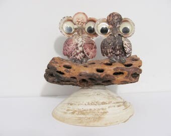 Funky Vintage Pair of Owls sitting on a branch Genuine Sea Shell Figure Kitsch