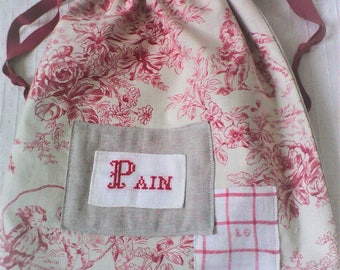 Sac a pain,toile de jouy et lin , brodé main,tissus anciens ;pour pain français,esprit "maison de famille "ou campagne chic , rose beige.