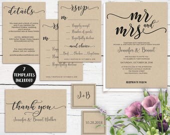 Mr & Mrs Kraft Wedding Invitation Template Printable, Rustic Invitation Suite Editable, DIY Wedding Template Set, PDF Instant Download MR312