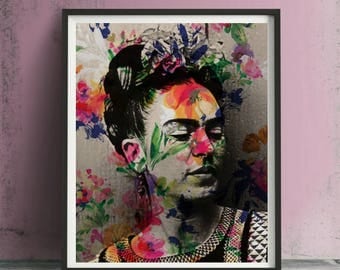 Frida Kahlo Floral Art Print or Canvas, Wall Art, Artwork, Painting, Gift