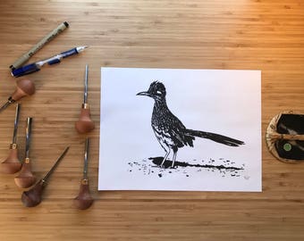 Handprinted Linocut Roadrunner Art Print
