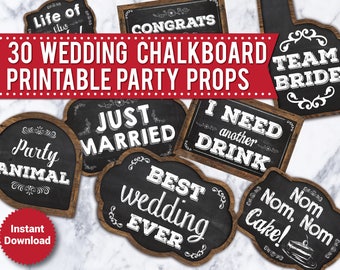 30 Wedding Photo Booth Props, Printable Chalkboard props, Printable Wedding props, Funny photo booth signs, Wood signs, speech bubbles