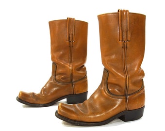 70s FRYE Black Label Campus Boots / Vintage 1970s Mid Calf Distressed Brown Leather Square Toe Motorcycle Boots / Men's Size 8 / Women's 9.5
